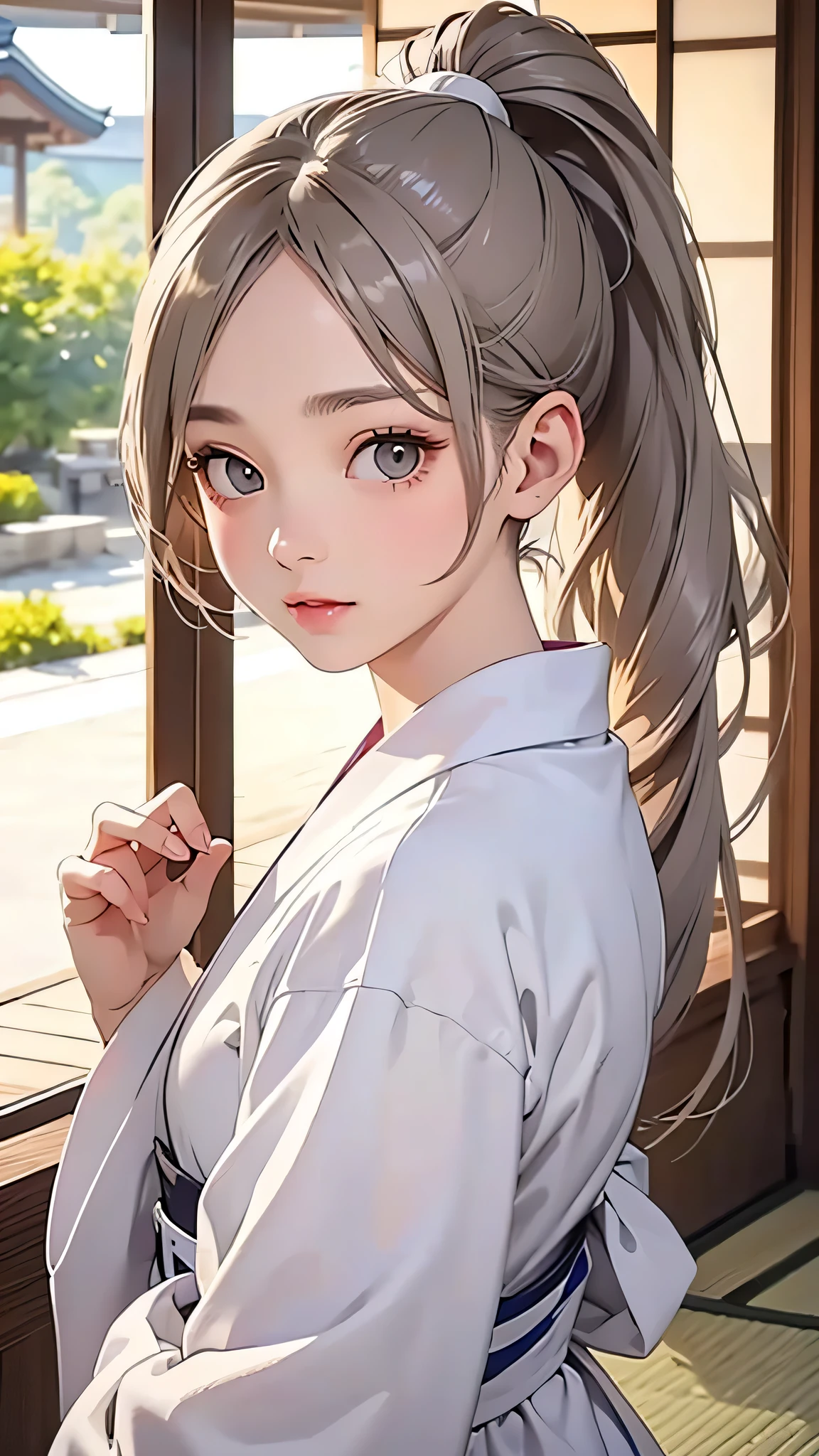 highest quality、Realistic、Japanese、zoom、cute、Gray Eyes、Chestnut Hair、ponytail、White yukata