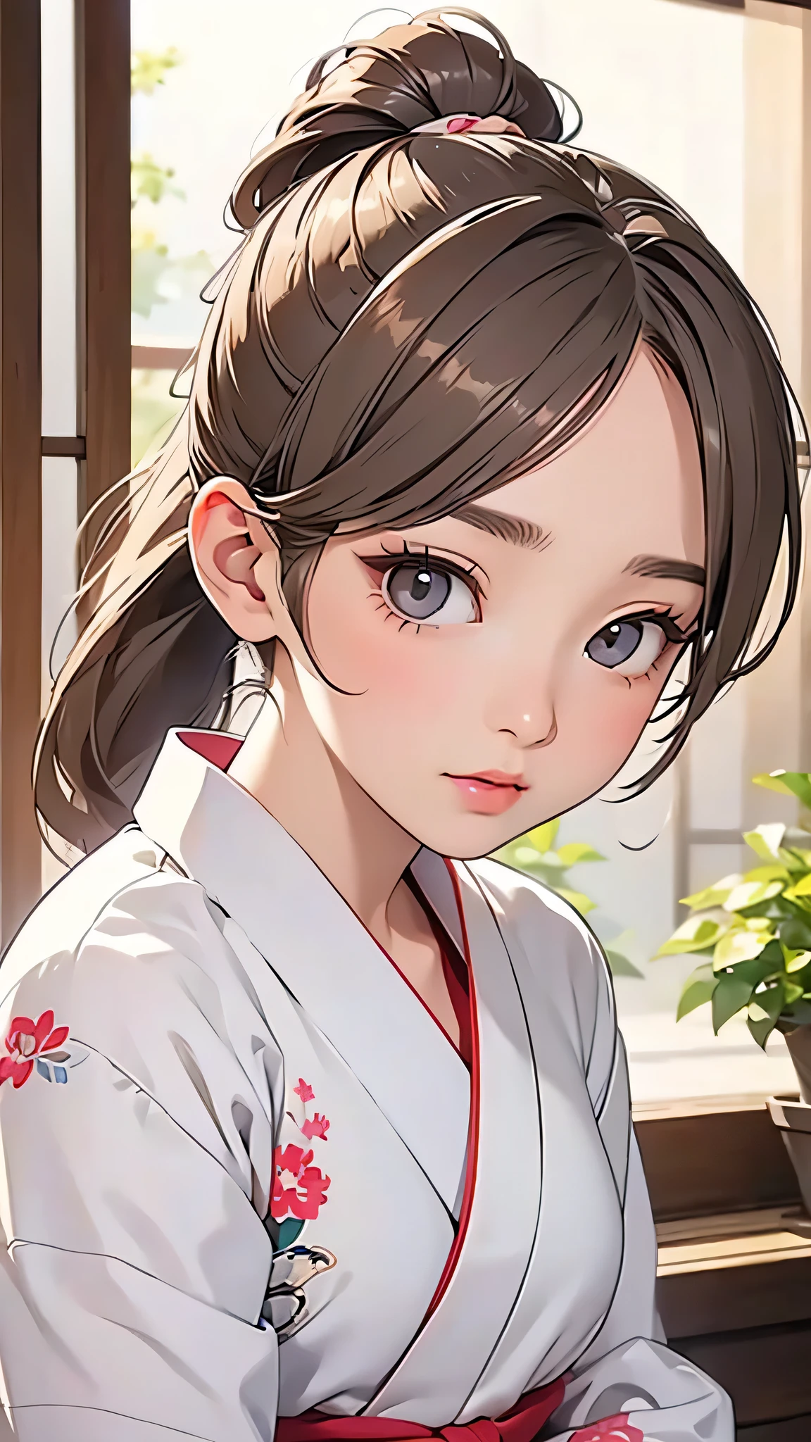 highest quality、Realistic、Japanese、zoom、cute、Gray Eyes、Chestnut Hair、ponytail、White yukata