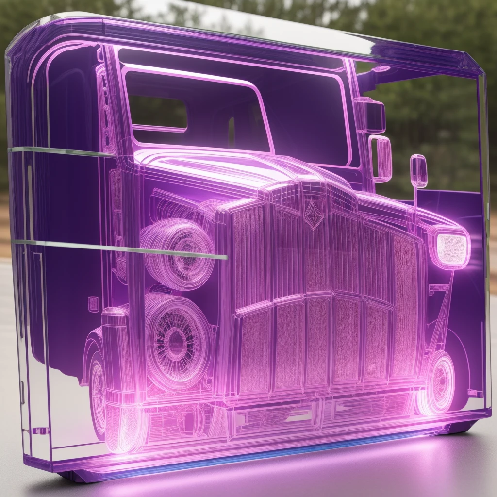 (masterpiece, best quality), " Truckers Rule ", (clear etched glass), glowing purple, 3d, 18-wheeler big truck, #1girl, beautiful, 18-wheeler big truck, glowing, English Text watermark: "TruckersRule", Signature: " TruckersRule ", Artists Name: TruckersRule