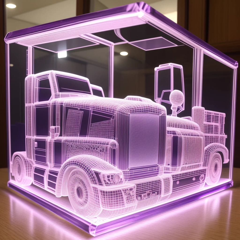 (masterpiece, best quality), " Truckers Rule ", (clear etched glass), glowing purple,  3d, 18-wheeler big truck, #1girl, beautiful, 18-wheeler big truck, glowing, English Text watermark: "TruckersRule", Signature: " TruckersRule ", Artists Name: TruckersRule 