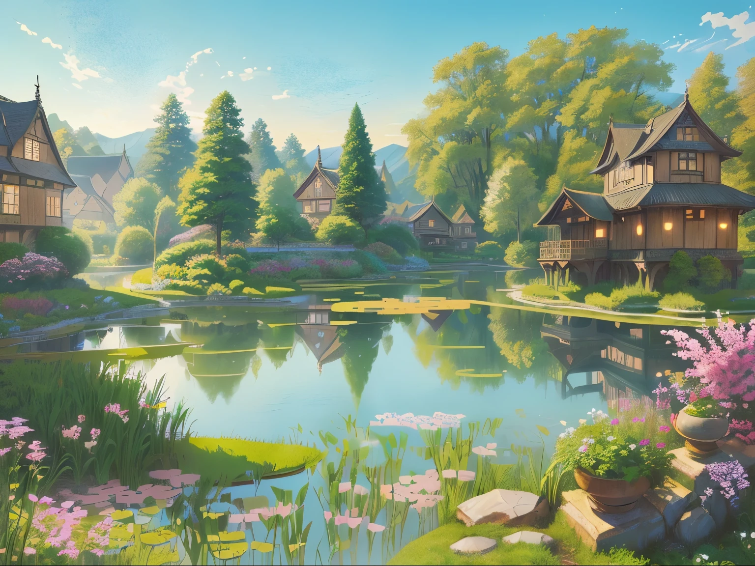 There is a painting,There is a garden in the painting,There is a pond and a house inside, Fairy tale style background, background technologywork, anime rural scenery, background technology, Garden Background, royal Garden Background, Detailed scenery —width 672, A beautiful artistic illustration, pond landscape, garden pond scene, Landscape Art Detail, 2D Game Art Background, environment design illustration, anime background technology