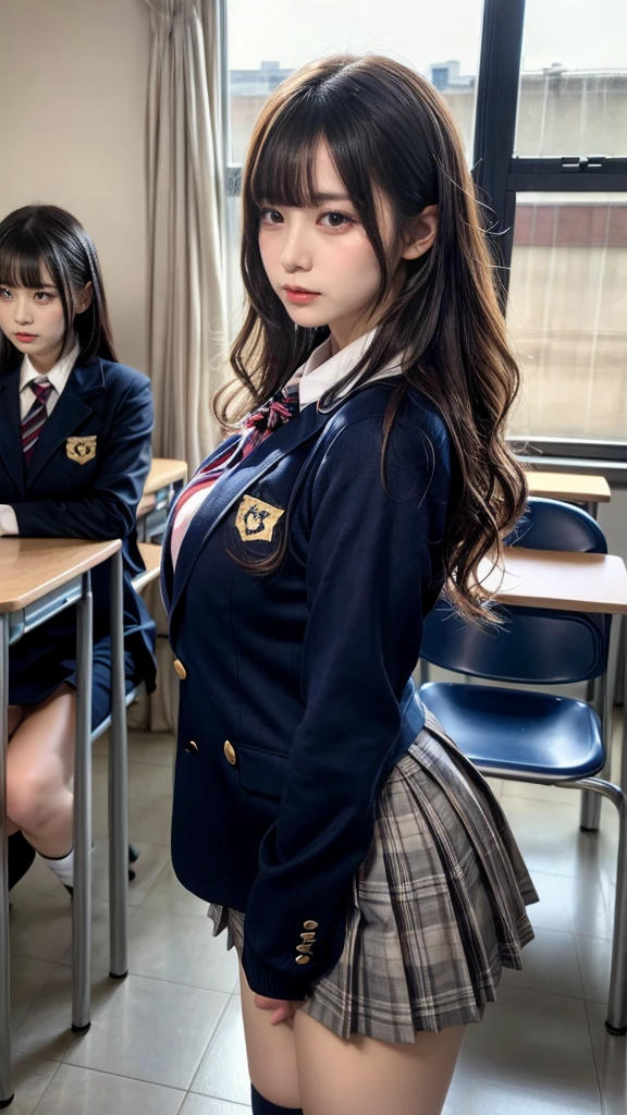 muste piece, best quality, illustration, Super detailed, fine details, High resolution, 8K,wall paper, perfect dynamic composition,(Details High quality, realistic depiction of eyes:1.3), from side, High School Classroom、High school girl uniform、blazer 、Super Short Check Uniform Skirt、Navy blue high socks、garterbelts、Colossal tits、Disturbed uniform,  short hair, (wavy hair:1.2), black hair color, huge breasts, Big Natural Color Lip, bold sexy pose, (perfect body shape), crying a little、cold gaze, Harajuku style、20 year old girl、cute type, beautiful legs, hposing Gravure Idol, Voluptuous thighs