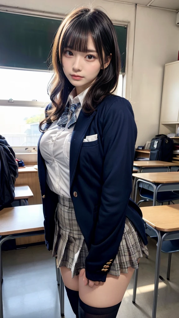 muste piece, best quality, illustration, Super detailed, fine details, High resolution, 8K,wall paper, perfect dynamic composition,(Details High quality, realistic depiction of eyes:1.3), from side, High School Classroom、High school girl uniform、blazer 、Super Short Check Uniform Skirt、Navy blue high socks、garterbelts、Colossal tits、Disturbed uniform, short hair, (wavy hair:1.2), black hair color, huge breasts, Big Natural Color Lip, bold sexy pose, (perfect body shape), crying a little、cold gaze, Harajuku style、20 year old girl、cute type, beautiful legs, hposing Gravure Idol, Voluptuous thighs