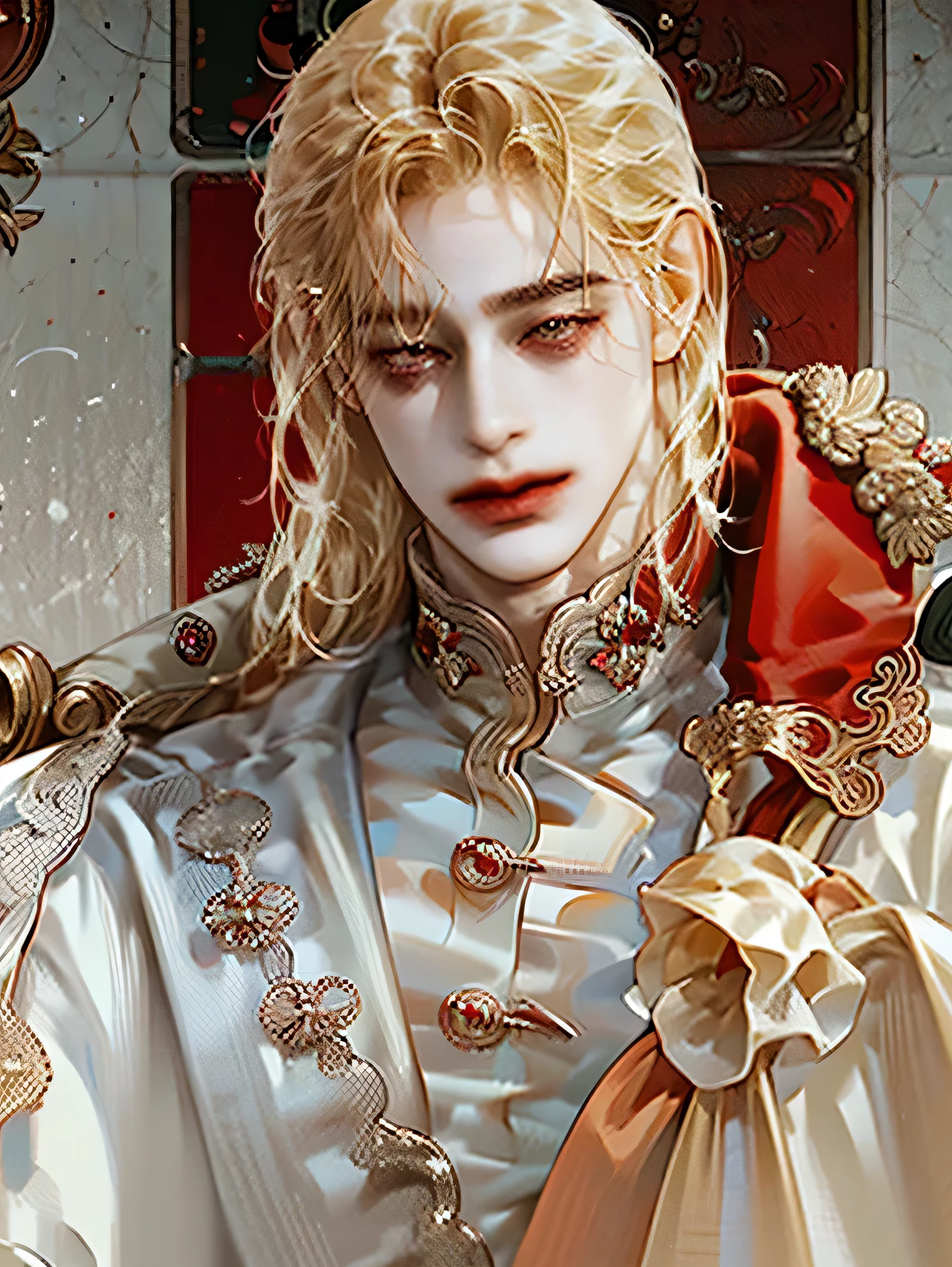 young man, ((long blonde hair)), ((red-eye)),(((conjunctivitis))), A cheerful expression on his face, ((perfect eyes)), ((equal eyes)), very detailed, portrait of, (((1 man))), (((Detailed eyes))), (single), (((healthy body)))((European Prince))
