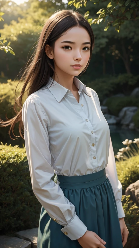 A girl in a calm state wearing a collared shirt and with her mouth closed. The girl's appearance should be detailed, with a focus on her eyes, nose, and lips. The overall image quality should be the best and high-resolution, with ultra-detailed elements. The style should be inspired by MorikuraEn's artwork. The color palette should be soothing and the lighting should create a tranquil atmosphere.