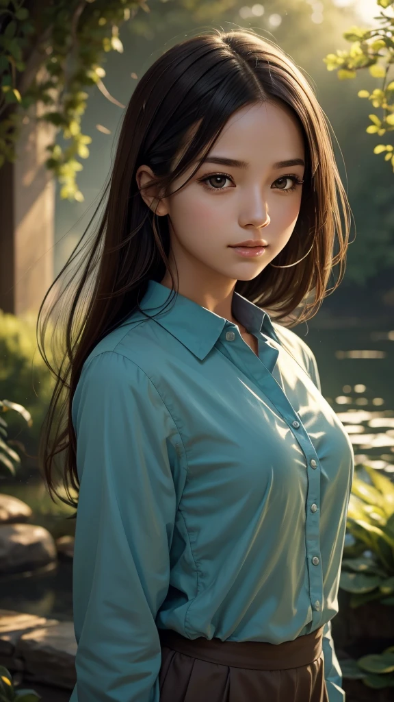 A girl in a calm state wearing a collared shirt and with her mouth closed. The girl's appearance should be detailed, with a focus on her eyes, nose, and lips. The overall image quality should be the best and high-resolution, with ultra-detailed elements. The style should be inspired by MorikuraEn's artwork. The color palette should be soothing and the lighting should create a tranquil atmosphere.