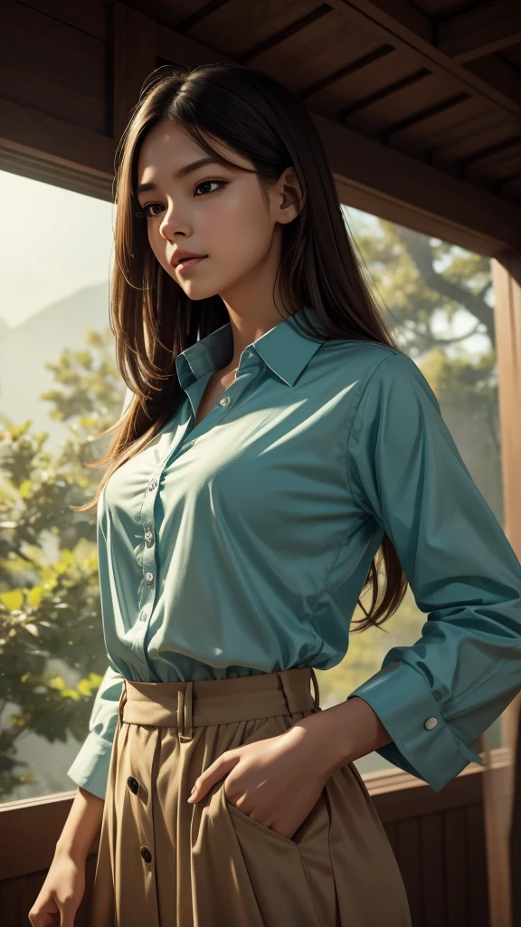 A girl in a calm state wearing a collared shirt and with her mouth closed. The girl's appearance should be detailed, with a focus on her eyes, nose, and lips. The overall image quality should be the best and high-resolution, with ultra-detailed elements. The style should be inspired by MorikuraEn's artwork. The color palette should be soothing and the lighting should create a tranquil atmosphere.