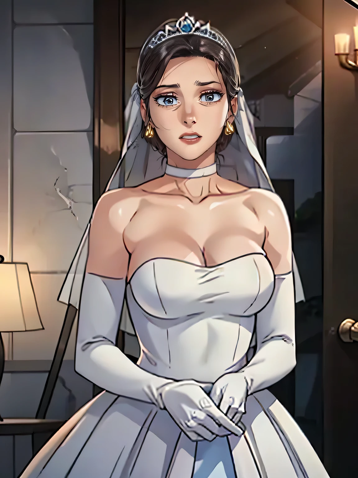 1girl ,princess_daisy, blue eyes ,earrings ,lipstick, eye shadow, makeup, hair between eyes, ahoge, hair ornament, gloves, dress, cleavage, bare shoulders, collarbone, white oprea gloves, white gloves, white dress, strapless, white choker, tiara, veil, strapless dress, wedding dress, bridal veil, beautiful woman, perfect body, perfect breasts, wearing a wedding dress, ball gown, in the park trees, wedding decorations, looking at the viewer,  smile, realism, masterpiece, textured skin, super detail, high detail, high quality, best quality, 1080p,