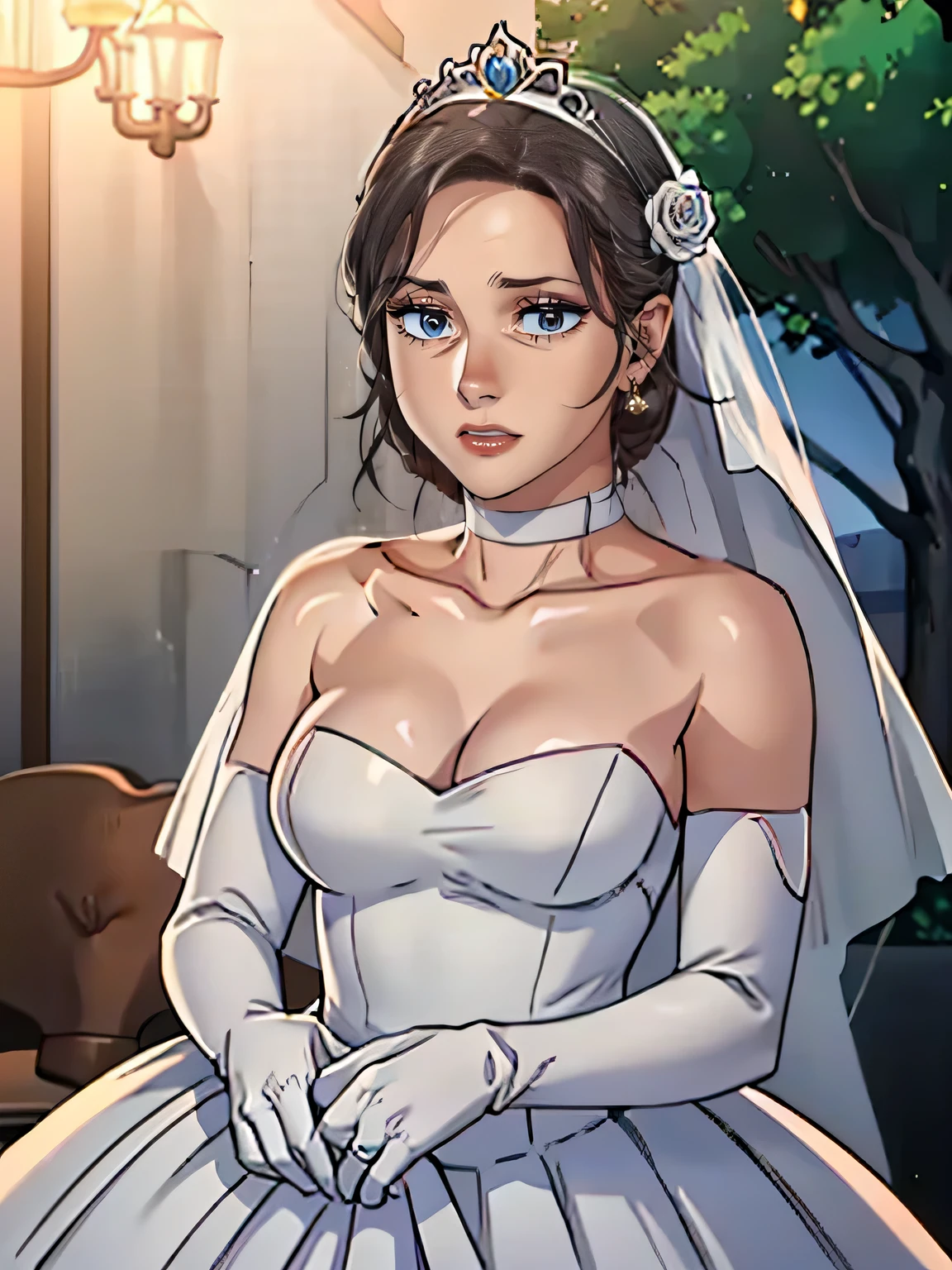 1girl ,princess_daisy, blue eyes ,earrings ,lipstick, eye shadow, makeup, hair between eyes, ahoge, hair ornament, gloves, dress, cleavage, bare shoulders, collarbone, white oprea gloves, white gloves, white dress, strapless, white choker, tiara, veil, strapless dress, wedding dress, bridal veil, beautiful woman, perfect body, perfect breasts, wearing a wedding dress, ball gown, in the park trees, wedding decorations, looking at the viewer, smile, realism, masterpiece, textured skin, super detail, high detail, high quality, best quality, 1080p,