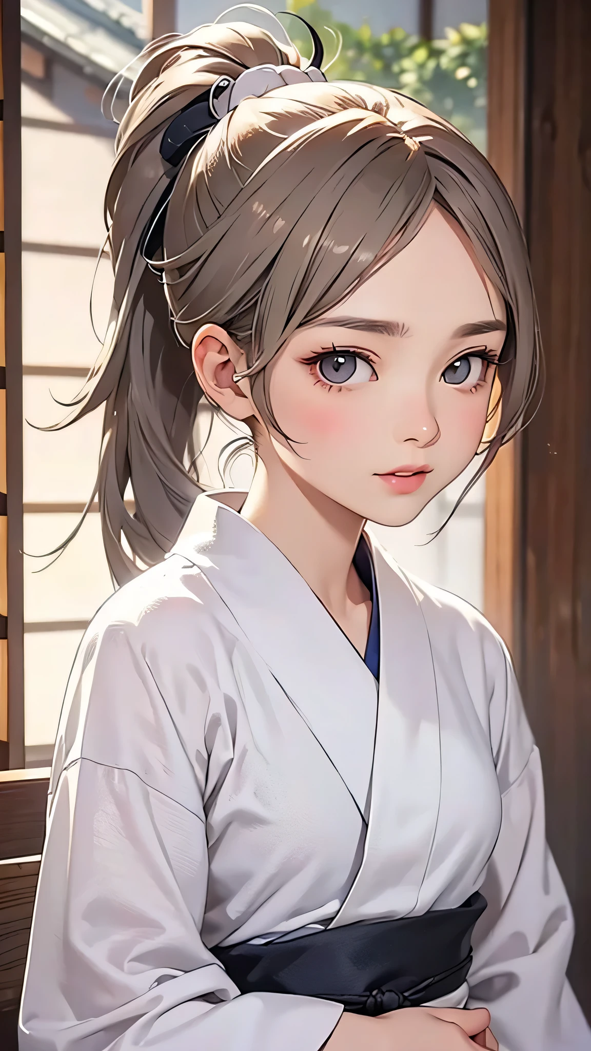 highest quality、Realistic、Japanese、zoom、cute、Gray Eyes、Chestnut Hair、ponytail、White yukata