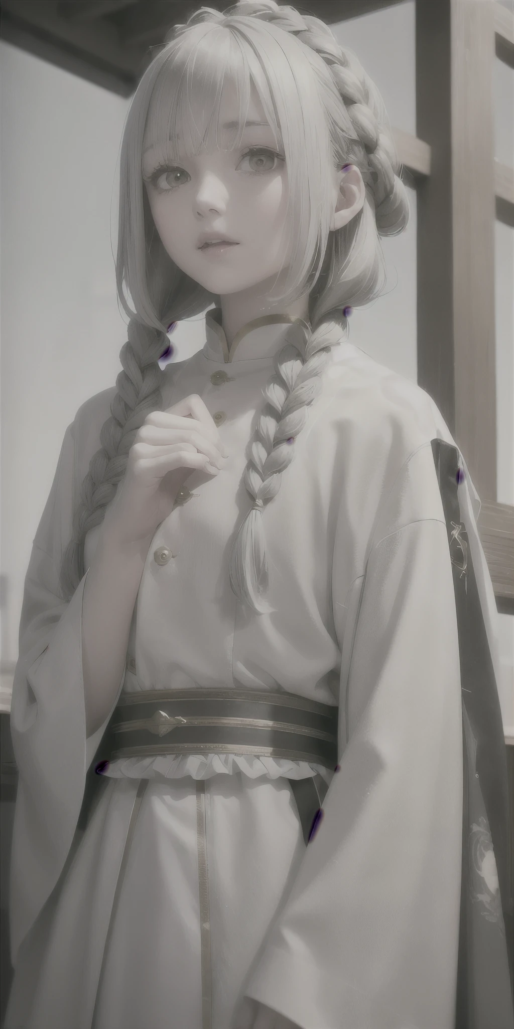 highest quality, masterpiece,Gray Hair, Golden Eyes,White clothes, look up, Upper Body,hair,Fair skin,Side braid