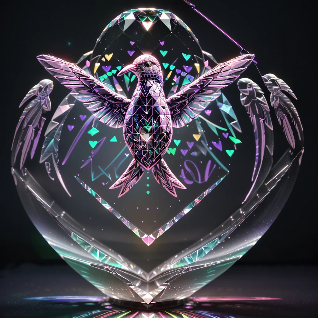 English Text : (("I LOVE YOU")), 3D Laser Engraved hummingbirds, Laser Engraved  Crystal Ball, Multicolor Neon Light, Calligraphy text, diamondeffect, mirroring, Purple Glass, glowing aura,unreal engine,  photorealistic, high quality, highres, masterpiece, hdr, maxrgb, mosaictiles, limited trim , beautiful. 