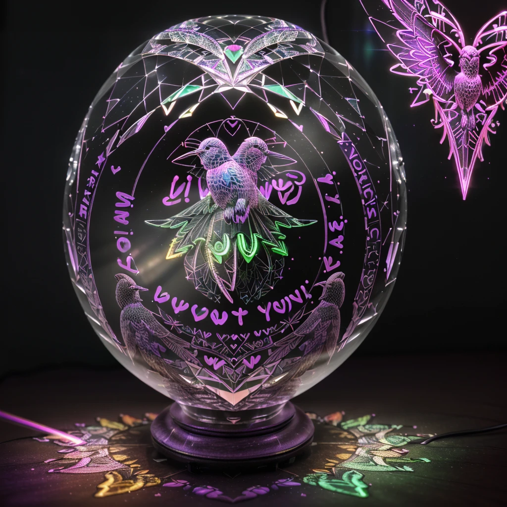 English Text : (("I LOVE YOU")), 3D Laser Engraved hummingbirds, Laser Engraved Crystal Ball, Multicolor Neon Light, Calligraphy text, diamondeffect, mirroring, Purple Glass, glowing aura,unreal engine, photorealistic, high quality, highres, masterpiece, hdr, maxrgb, mosaictiles, limited trim , beautiful.