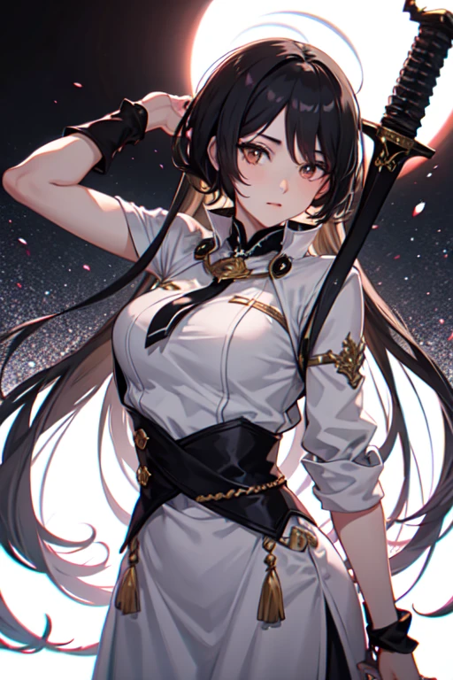 Female character with short mullet black and white hair, brown eyes, holding long sword