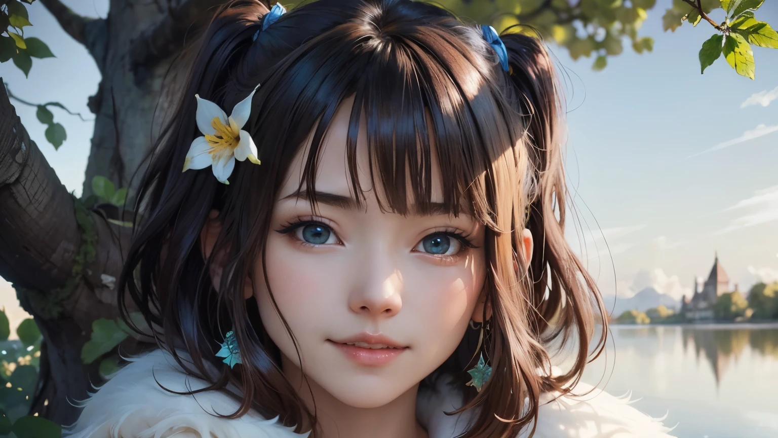 (high quality、8k、Ultra HD、A mysterious and beautiful smiling woman stands alone in the quiet shade of a tree.、Random Pause、whole body、sunny summer sky、Brown hair and blue eyes、Daytime)、 デジタルartファンタジー, Great park views, Highly detailed landscape, A calming image、art:Alberto Seveso、抽象的なartスタイル、Intricately detailed watercolor painting、Digital Painting、コンセプトart、3D lighting、 tanvirtamim、Metal Reflection、2D Rendering、artジャーム、ArtStat Trends、 Great composition, Fantastic fantasy, デジタルartファンタジー, 綺麗なデジタルart