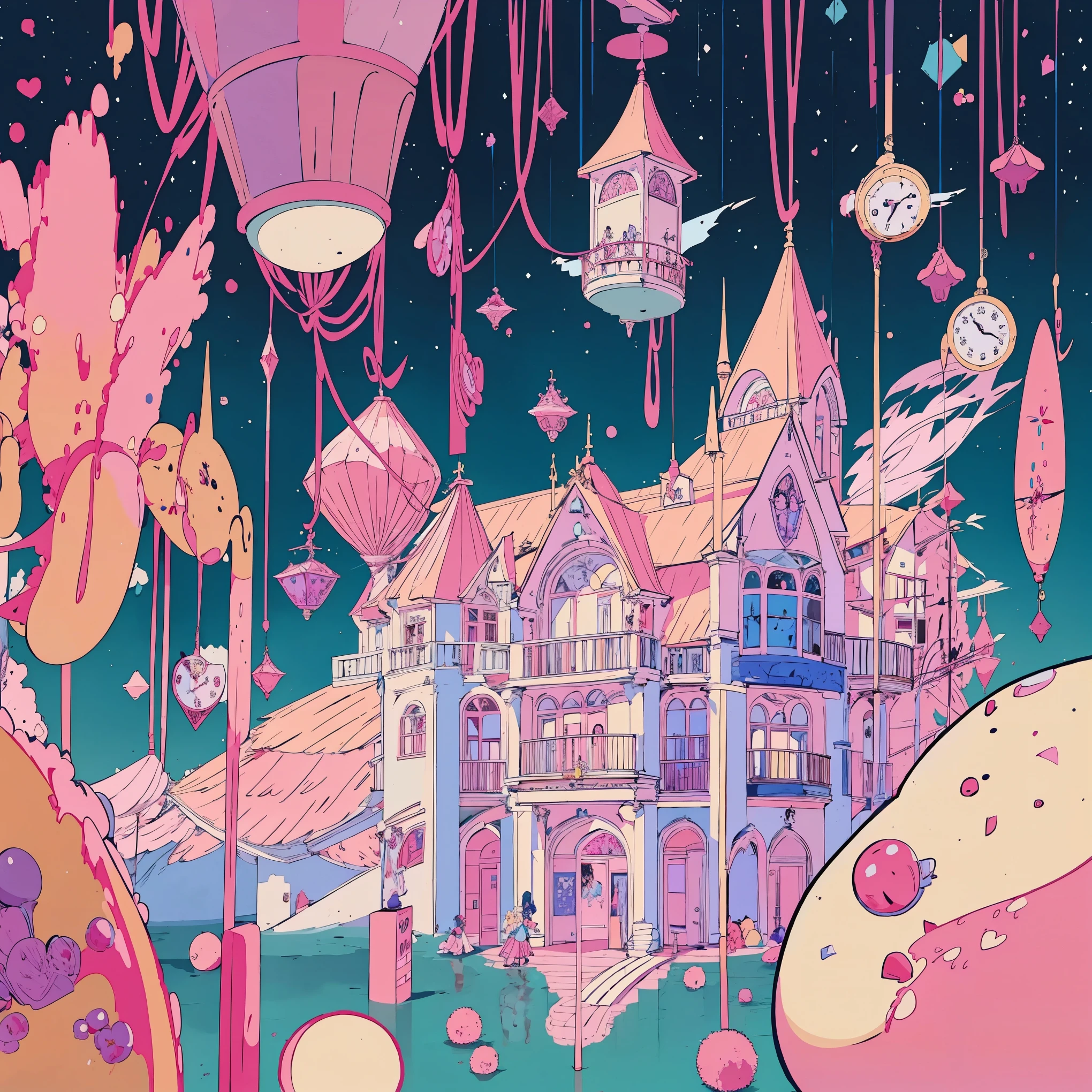One(pink hair),The girl falls in the air and looks at the candy castle with the clock and the gummy bears running around it.,fairy tale style