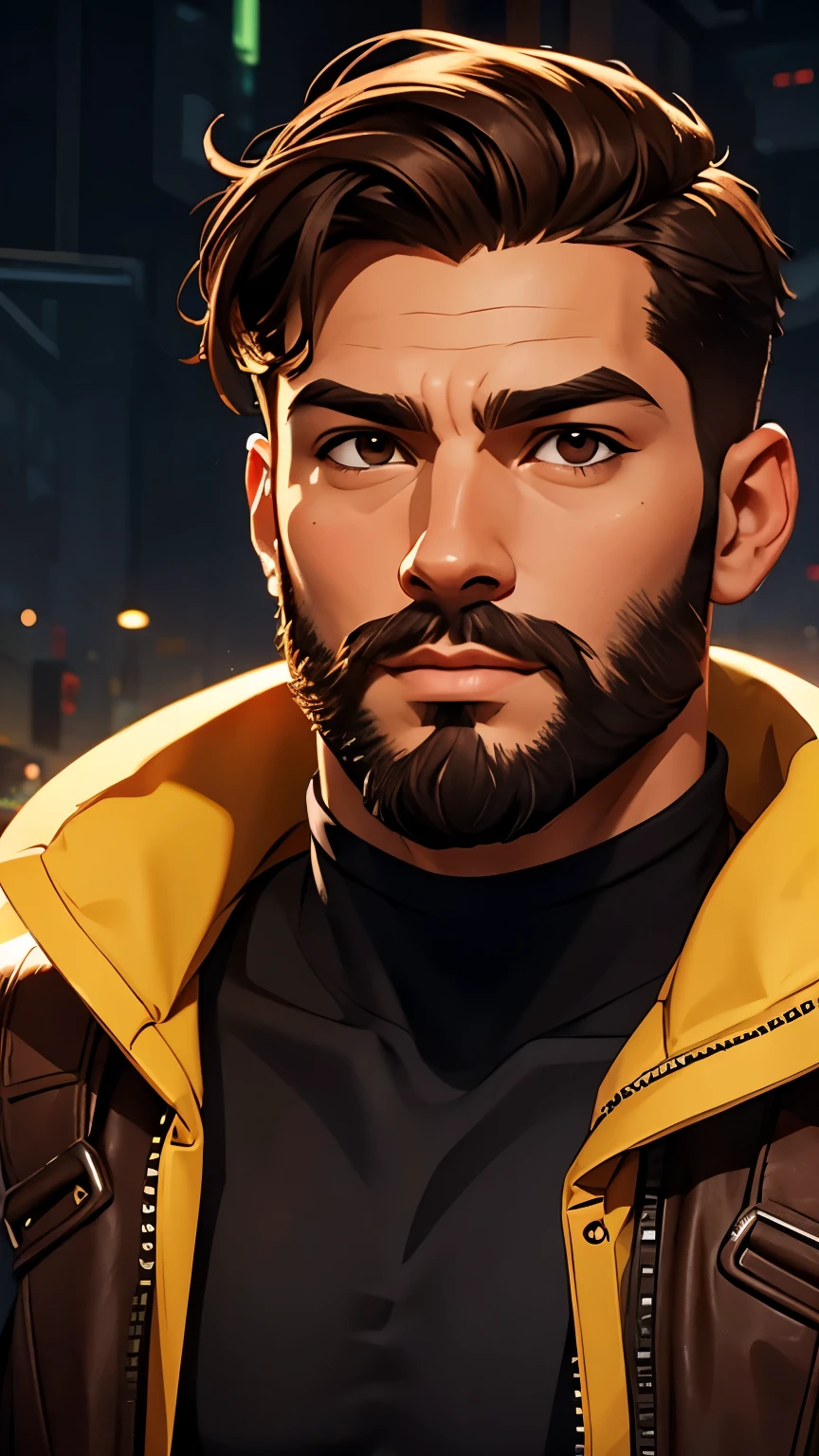 Create a man with a slightly brownish beard, light skin, Latino, from the front, with high quality, medium brown hair, light brown eyes, in the Renaissance style, cyberpunk style