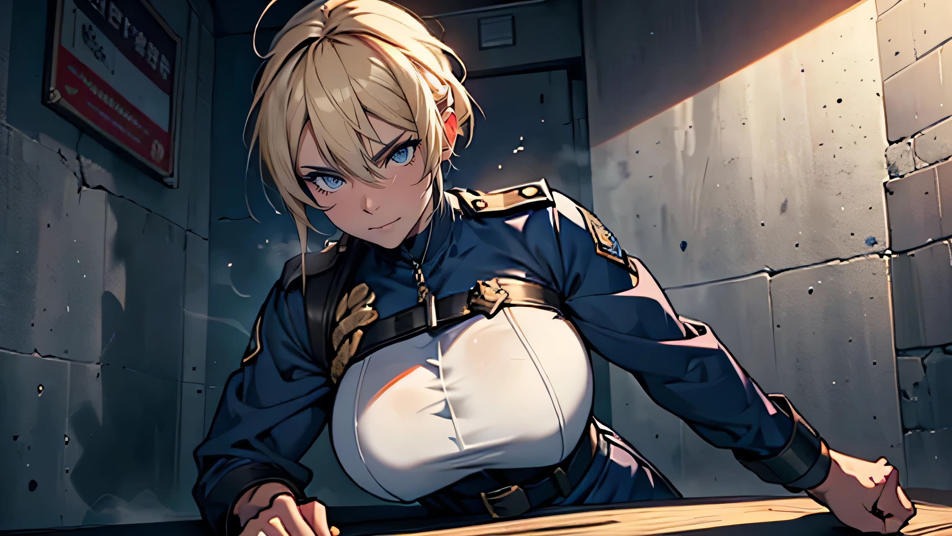 (High definition CG Unity 8k wallpaper). (masterpiece). (Highest quality). (Ultra definition). (Best illustration). (Best Shadow). (Absurd). Sweat. steam. stare. female police officer. She is 20 years old. Her hair is tied up. she is blonde. She is in uniform. Navy hot pants. Whip. Condescending eyes.