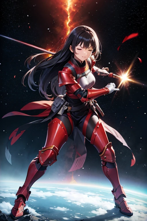 Anime Art,Full body portrait、Space SF Armored Warrior、A woman around 46 years old, around 170cm tall, wearing red armor, striking a iaido stance、Both eyes closed、Long black hair、gloves、Arm guard、Leggers