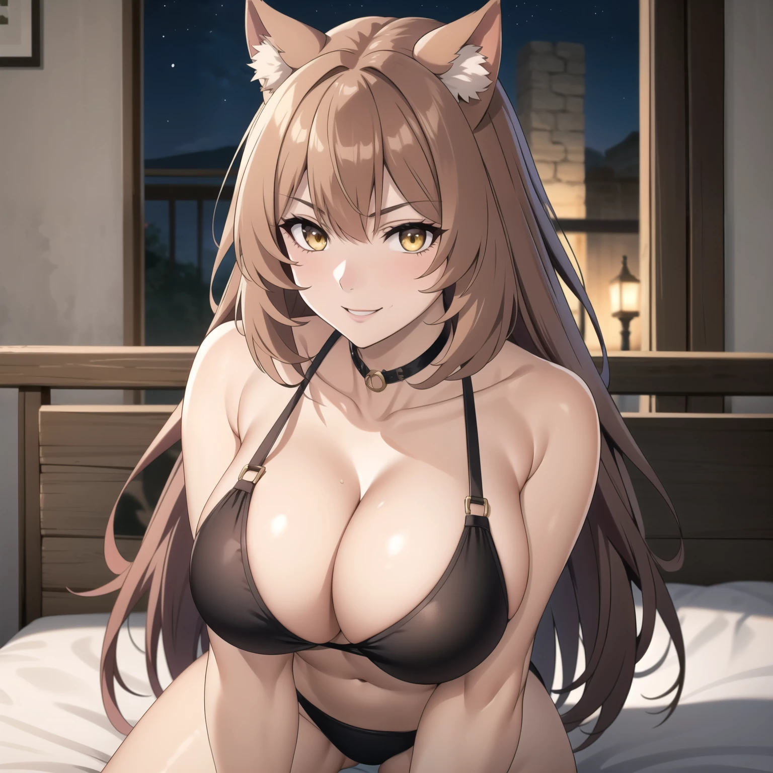 1 sola chica, Raphtalia. atractiva mujer. orejas de zorro, cabello rubio-naranjo brillante, yellow eyes like amber, smile arrogant, pale skin, pechos grandes, red micro lance. sexy, esta recostada sobre una cama lujosa, habitacion muy lujosa de noche.
