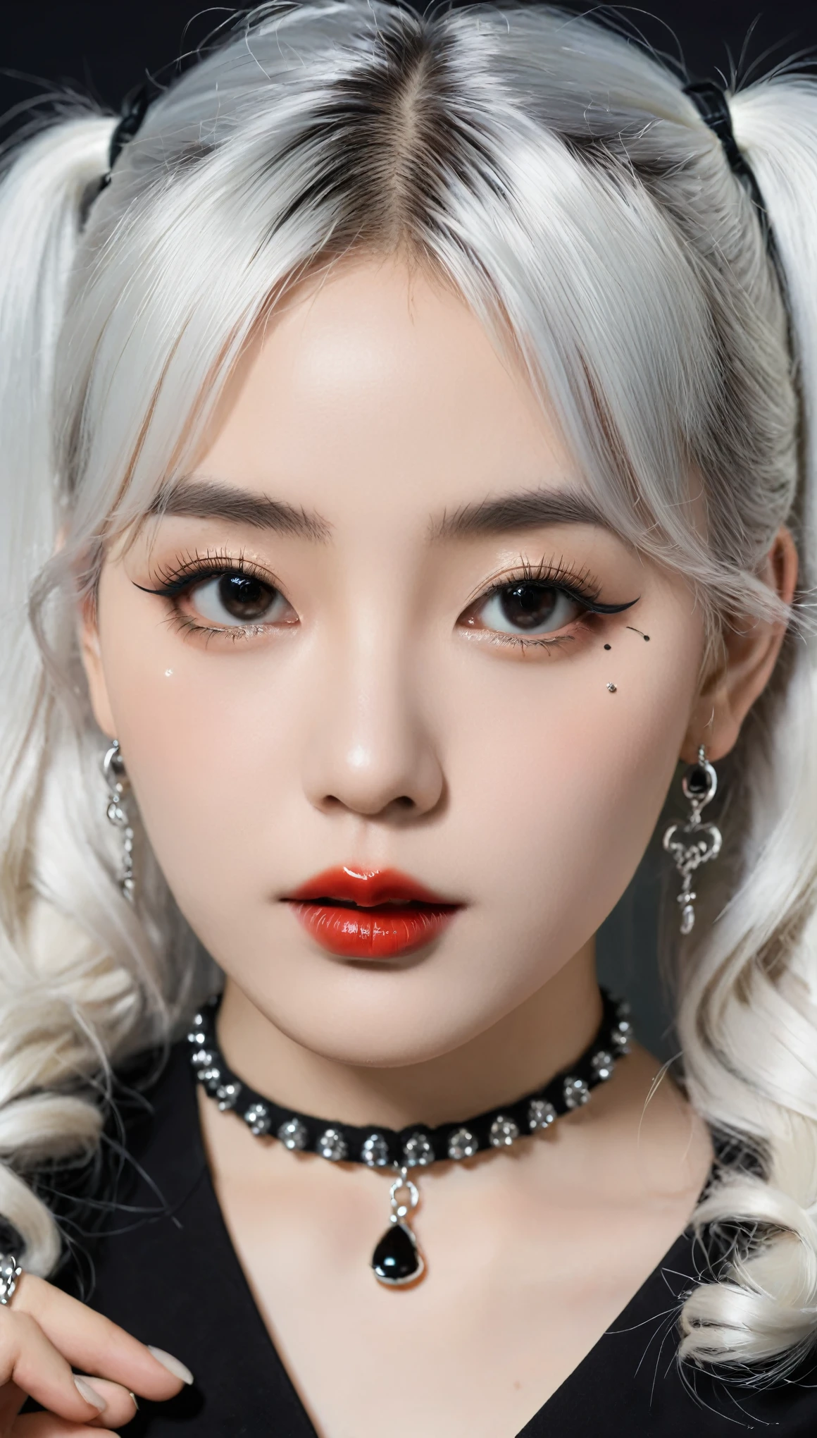 high quality, Rich in details, The silver-haired girl with twin ponytails poses cutely. They are wearing vintage gothic clothing, Wearing a bracelet, Earrings and necklaces. Big ones can also be seen. The photo is a close-up of the face, With cleavage, Shiny Breasts, Sweat in cleavage, And sexy breath.