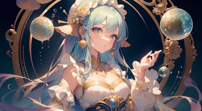 masterpiece, best quality, 8k resolution, sharp focus, intricate detail, beautiful girls, multiple girls, duo, trio, sparkling eyes, golden ratio face, otherworldly liquid, watercolor, muted colors, bright colors, whimsical, colorful, sharp focus, high resolution, fine detail, ((layered tiered puffy long sleeves ballgown)), ((round eyes)), iridescent bubbles, fantasia background
