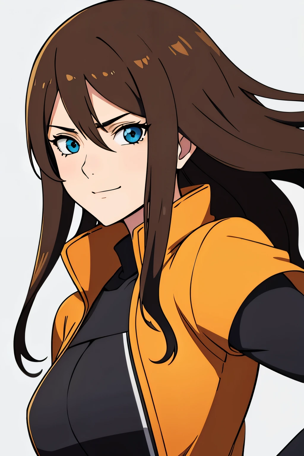 (high-quality, breathtaking),(expressive eyes, perfect face) 1girl, female, solo, portrait, adult, Symmetrical Eyes, brown hair color, long hair length, wavy curly hair, upper body, Heterochromia green and blue eyes, positive expression, cute smile, detailed eyes, orange jacket, black shirt, fish neck shirt, Naruto Art style, Masashi Kishimoto Art Style, Shinobi of the Hidden Leaf, hair between eyes, gloves
