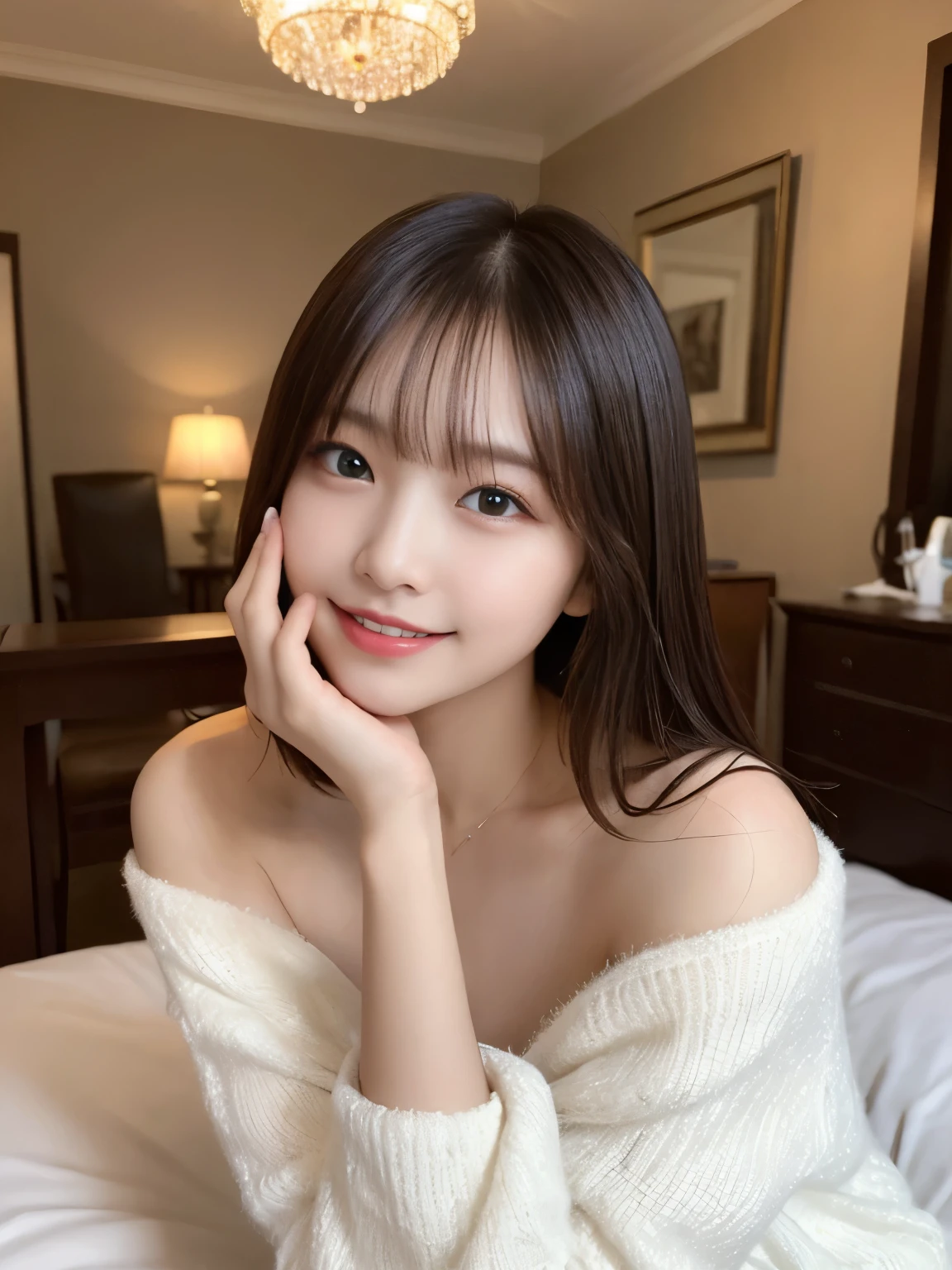 table top, highest quality, figure, super detailed, finely, High resolution, 8k wallpaper, Perfect dynamic composition, beautiful and fine eyes, white fluffy winter clothes, medium hair, natural color lip, bold sexy pose, smile, mansion(room, Bed), 20 year old girl, cute, sexy shot, looking at camera, perfect and beautiful face, Take a close-up photo of your face, Take only the face,