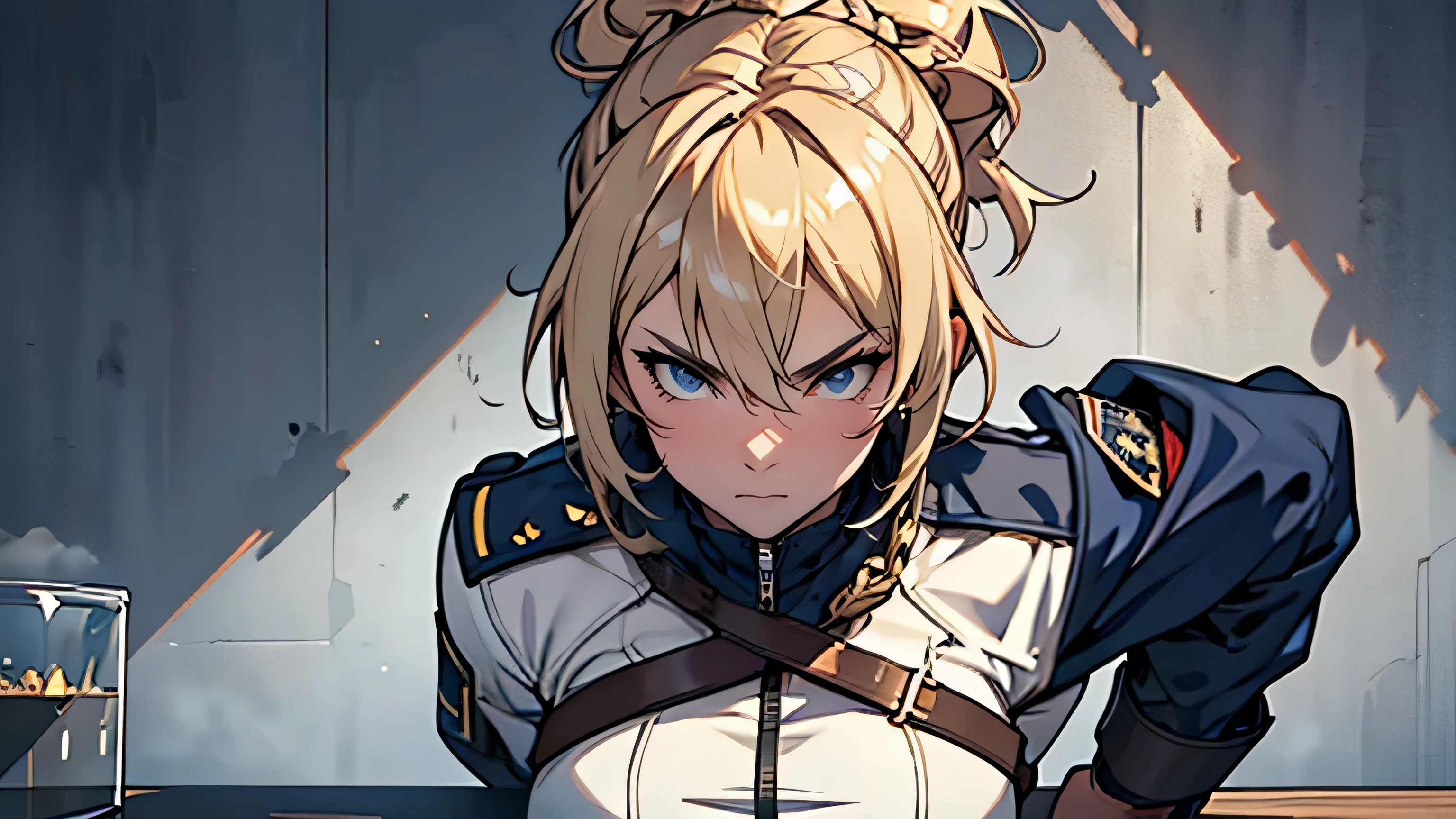 (High definition CG Unity 8k wallpaper). (masterpiece). (Highest quality). (Ultra definition). (Best illustration). (Best Shadow). (Absurd). Sweat. steam. stare. female police officer. She is 20 years old. Her hair is tied up. she is blonde. She is in uniform. Navy hot pants. Whip. Condescending eyes.