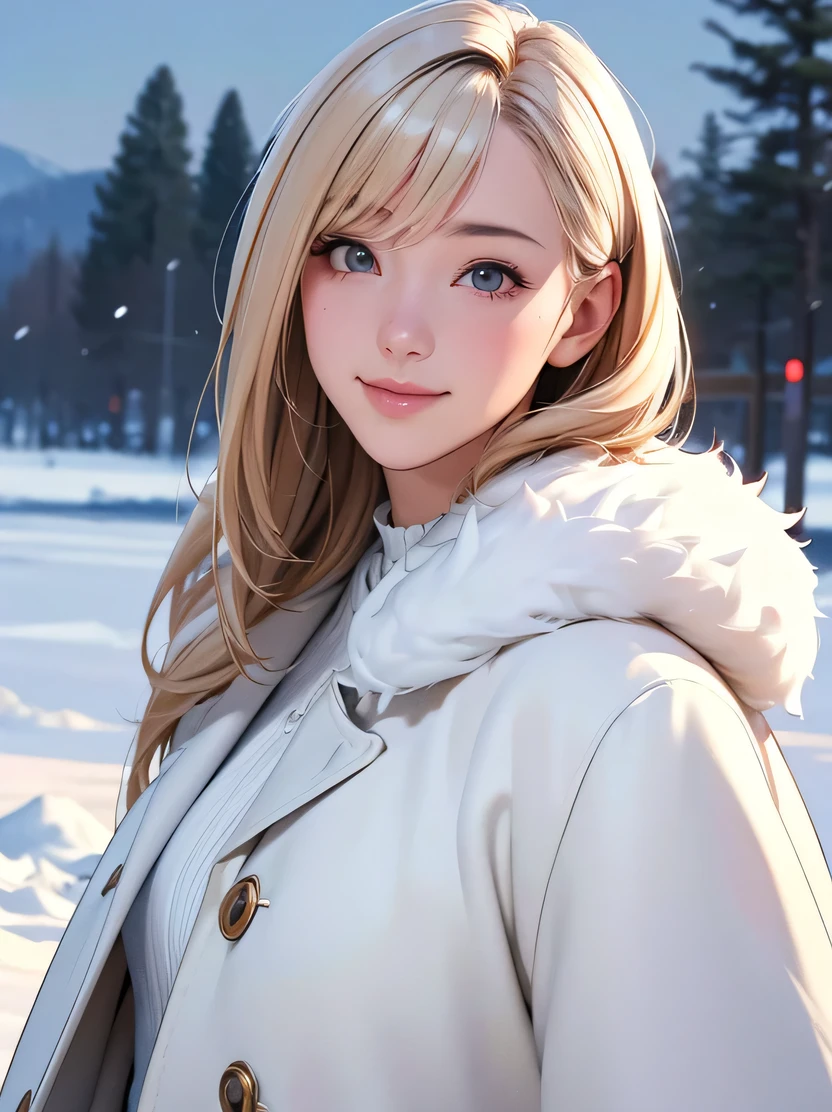 ((masterpiece、highest quality、Genuine、Very detailed、High resolution、Sharp focus、Photorealistic、Cinematic lighting))、((1 girl、Bust Shot))、 Natural and realistic colors、(Perfect Face、Beautiful Face)、Platinum Blonde Hair、Happy、A light smile、View your viewers、White coat、Outdoor、winter、snow、at night、Complex background、Depth of written boundary、Detailed hand drawing、3DMM、white coat, fur trim