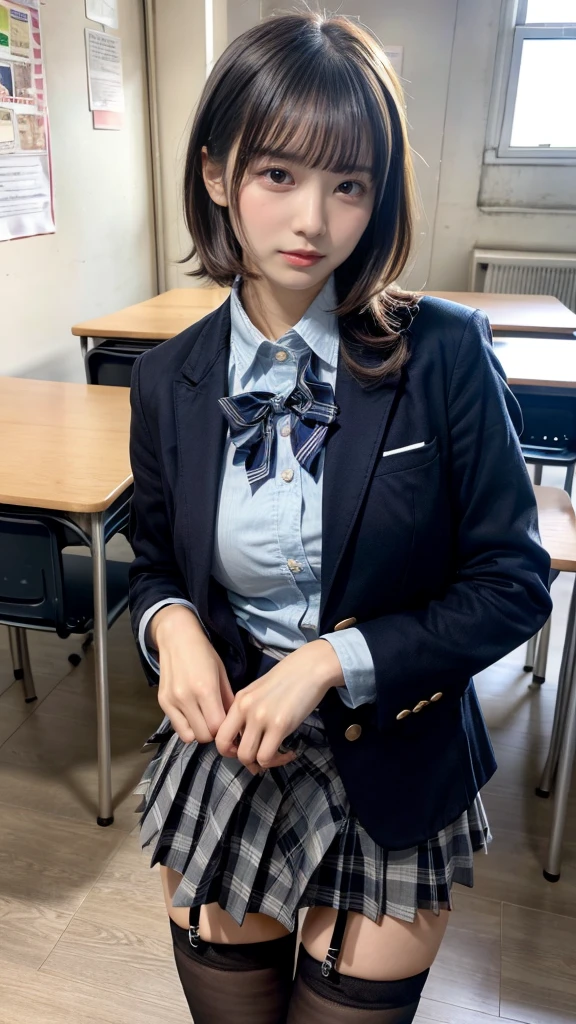 muste piece, best quality, illustration, Super detailed, fine details, High resolution, 8K,wall paper, perfect dynamic composition,(Details High quality, realistic depiction of eyes:1.3), from side, High School Classroom、High school girl uniform、blazer 、Super Short Check Uniform Skirt、Navy blue high socks、garterbelts、Colossal tits、Disturbed uniform, short hair, (wavy hair:1.2), black hair color, huge breasts, Big Natural Color Lip, bold sexy pose, (perfect body shape), crying a little、cold gaze, Harajuku style、20 year old girl、cute type, beautiful legs, hposing Gravure Idol, Voluptuous thighs