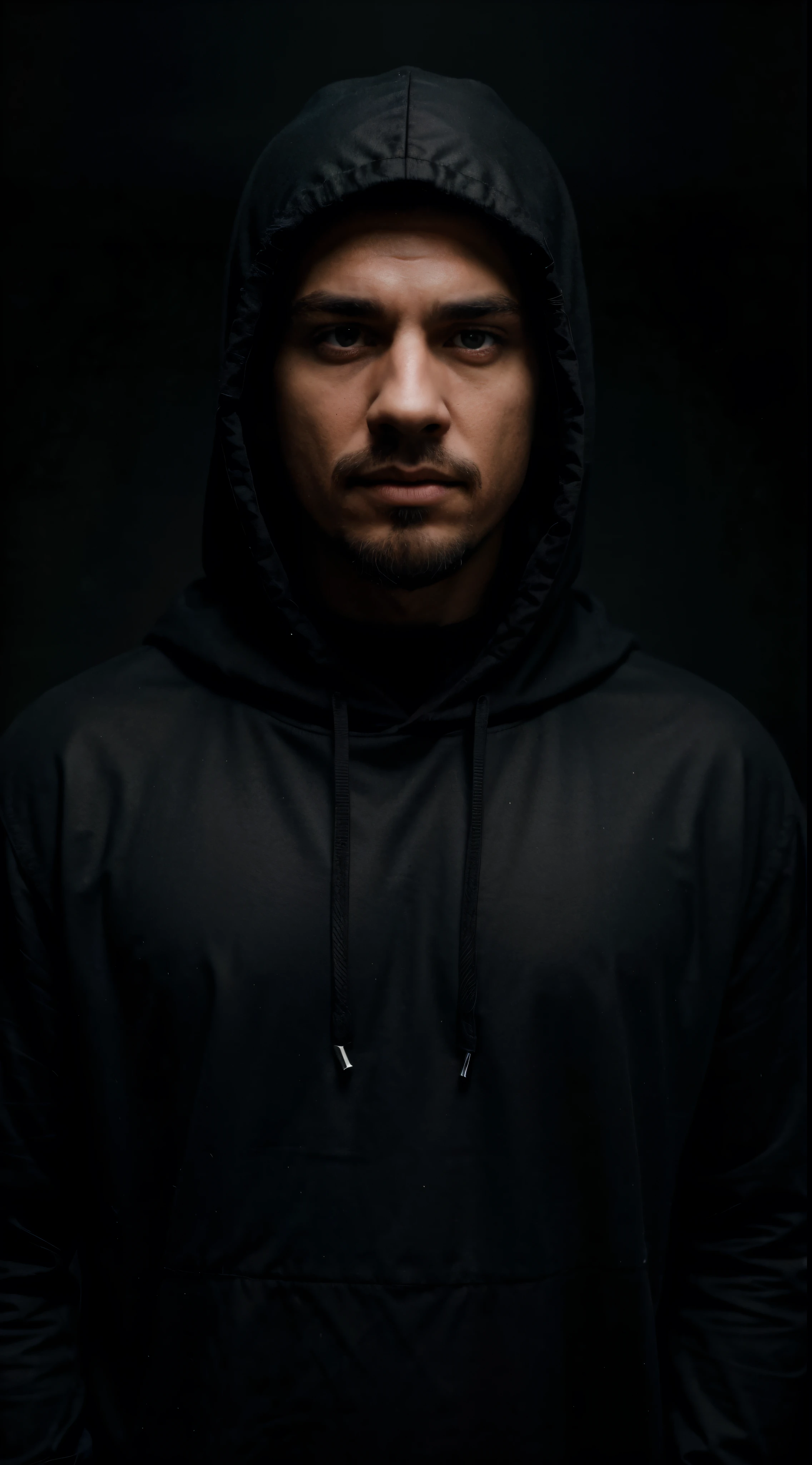 boy, looking forward, goatee, black hood, dark scenery, facial light, serious expression, confident, hyper realistic, 8k, very detailed, real photo, canon camera