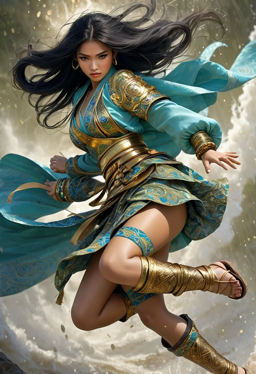 (masterpiece), best quality, expressive eyes, perfect faceJavanese female warrior, sweaty athletic body, wearing a long robe, hands wearing bracelets .Long hair tied with a long blue ribbon, wearing traditional Kemben clothes half flowing with green motifs and cloth white batik motifs and unique gold and intricate leather belts, ancient sandals with straps up to the knees, unique wide gold necklaces, she is standing on stone with confident, full view, digital art realistic, dramatic, detailed, long black hair, 1girl, frilled outfit, frilled outfit, 1girl. Storm effect background. Bottom view