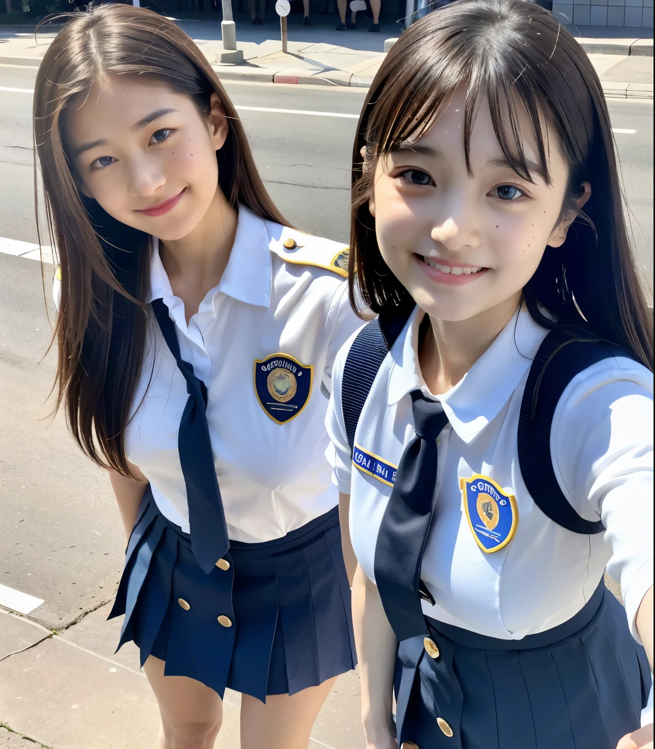 ((highest quality)), ((masterpiece)), (detailed), Perfect Face, A 20-year-old girl who is as cute as an idol, A kind smile, Very cute、Young face、Female police officer, Police uniform, がはっきり見える、mini skirt、Cleavage body, whole body像、City Sidewalk, Genuine stick, Genuine、Real