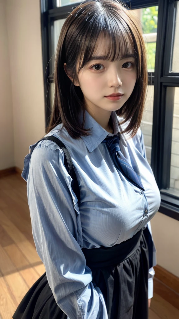 masterpiece, Best Quality, 8K, 20 yo, huge breasts, cuddly, Solo, sad, Cute, Girly, Delicate girl, Neat and clean beauty, Raw photo, Professional Photography, Portrait, Soft light, Professional Lighting, Back lighting, Upper body, front view, Sophisticated, Film grain, (Eyes and faces with detailed:1.0), short length floating hair, beautiful flowing hair, bangs, collared shirt
