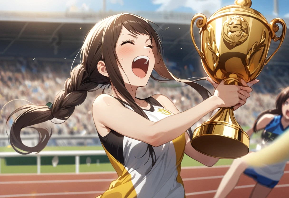 A female sprinter celebrates as she wins first place and is given the (golden toad trophy)