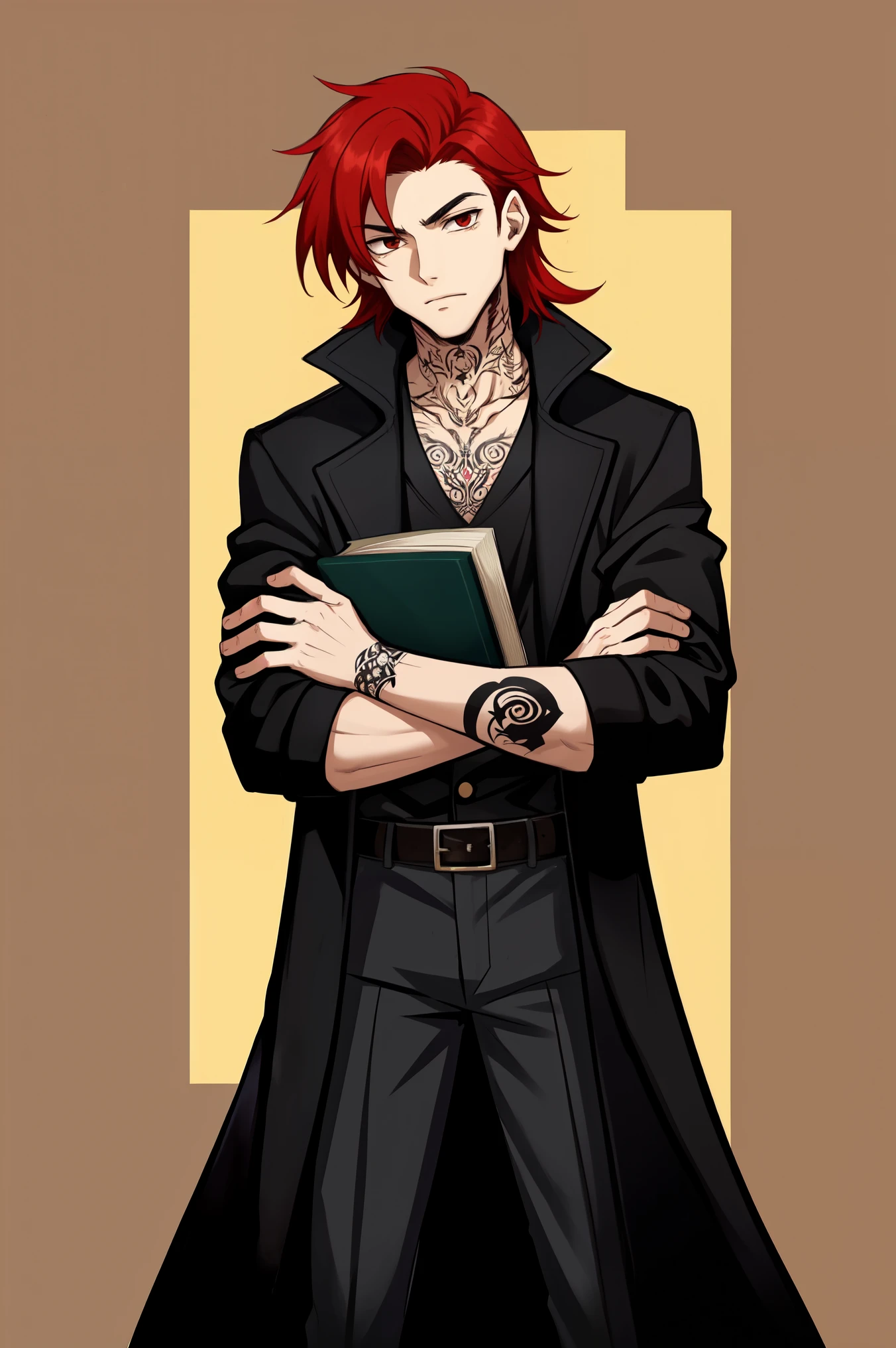 Make a 17 year old Latino with Mullet hair with a black overcoat red hair some tattoos on his arm a book attached with a belt on his arm