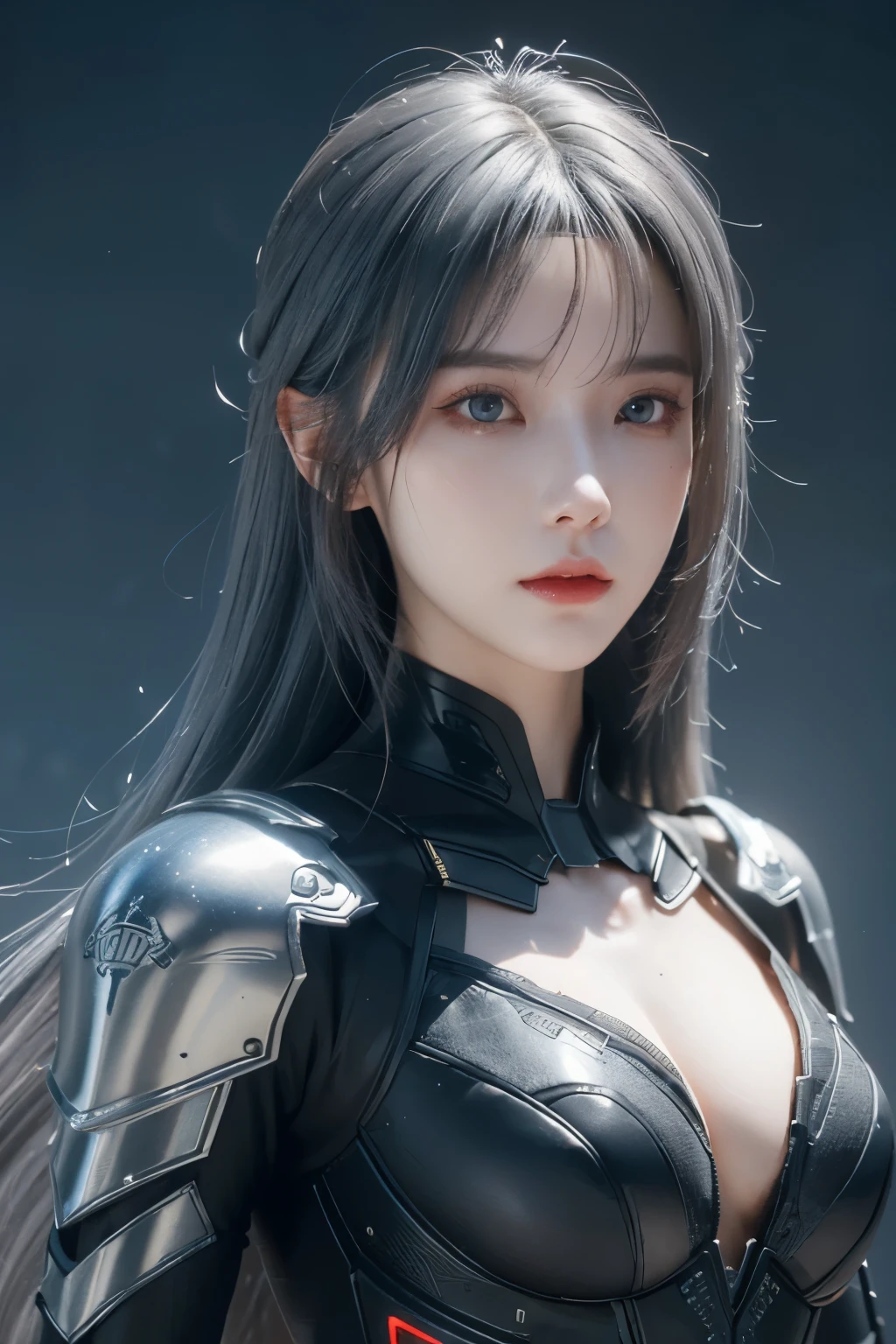 Masterpiece,Game art,The best picture quality,Highest resolution,8K,(Portrait),Unreal Engine 5 rendering works,(Digital Photography),((Portrait Feature:1.5)),
20 year old girl,Short hair details,With long bangs,(The red eye makeup is very meticulous),(With long gray hair:1.4),(Large, full breasts),Elegant and noble,Brave and charming,
(Future armor combined with the characteristics of ancient Chinese armor,Hollow design,Power Armor,The mysterious Eastern runes,A delicate dress pattern,A flash of magic),Warrior of the future,Cyberpunk figures,Background of war,
Movie lights，Ray tracing，Game CG，((3D Unreal Engine))，OC rendering reflection pattern