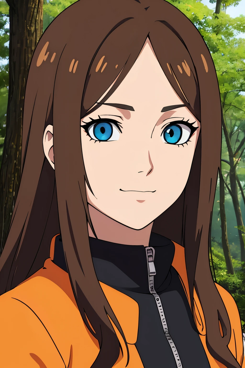 (high-quality, breathtaking),(expressive eyes, perfect face) 1girl, female, solo, portrait, adult, Symmetrical Eyes, brown hair color, long hair length, wavy curly hair, upper body,  green and blue eyes, Heterochromia eyes, positive expression, cute smile, detailed eyes, orange jacket, black shirt, fish neck shirt, Naruto Art style, Masashi Kishimoto Art Style, Shinobi of the Hidden Leaf, hair between eyes, gloves, forest background, trees, spring, 