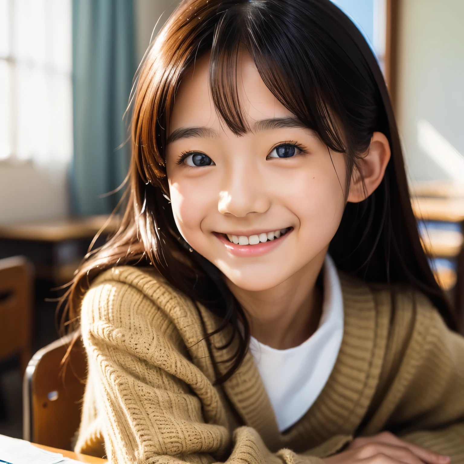 lens: 135mm f1.8, (highest quality),(RAW Photos), (Tabletop:1.1), (Beautiful 15 year old Japanese girl), Cute face, (Deeply chiseled face:0.7), (freckles:0.4), dappled sunlight, Dramatic lighting, (Japanese School Uniform), (In the classroom), shy, (Close-up shot:1.2), (smile),, (Sparkling eyes)、(sunlight)