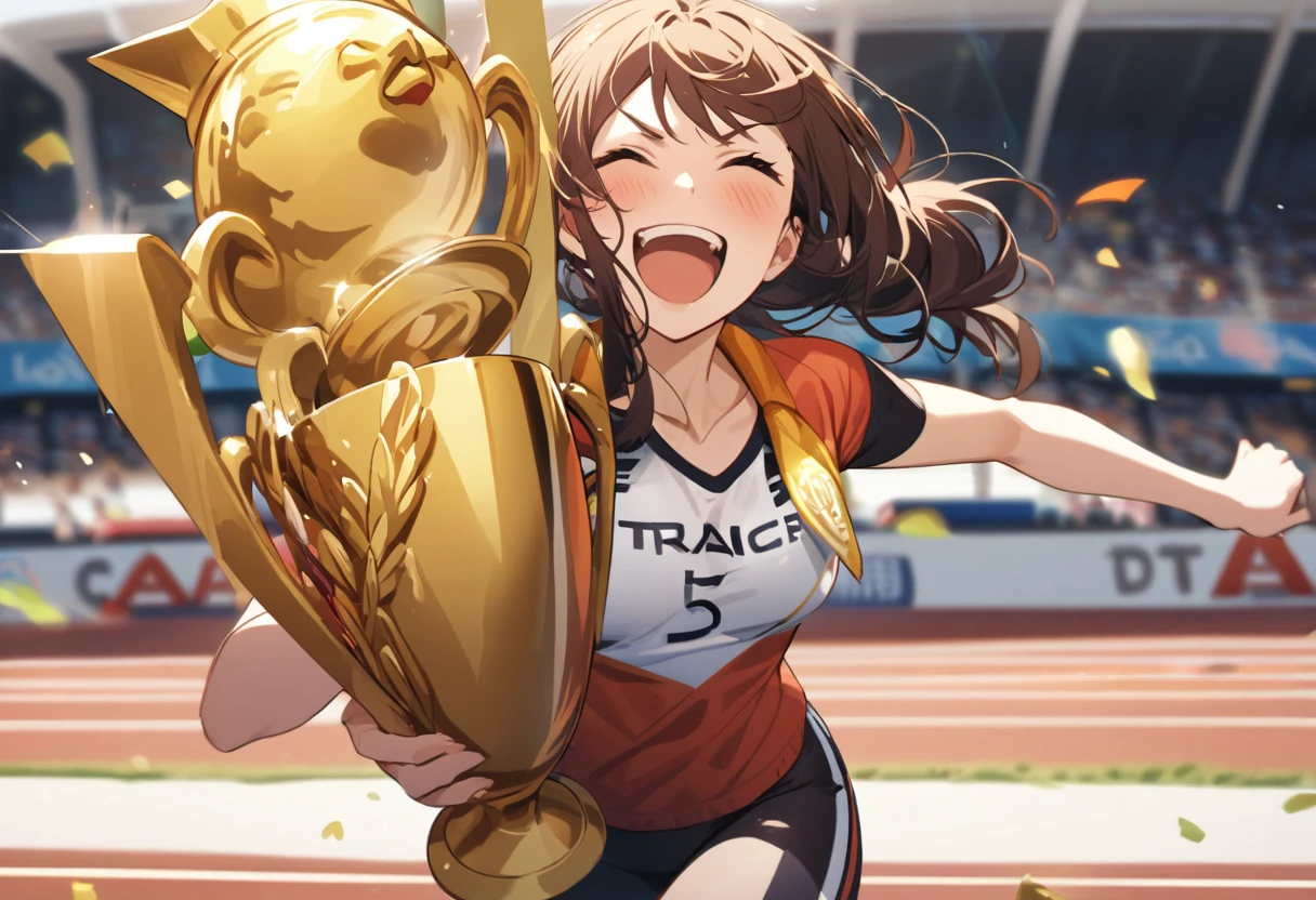 A female sprinter celebrates as she wins first place and is given the (golden toad trophy)