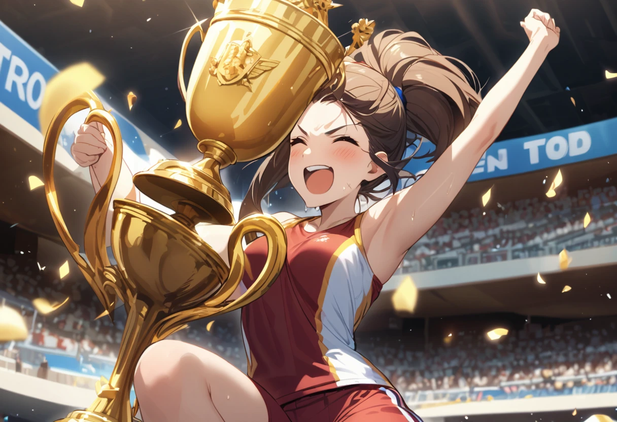 A female sprinter celebrates as she wins first place and is given the (golden toad trophy)