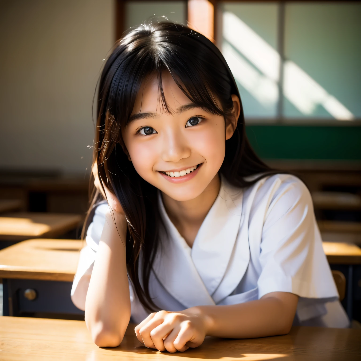 lens: 135mm f1.8, (highest quality),(RAW Photos), (Tabletop:1.1), (Beautiful 15 year old Japanese girl), Cute face, (Deeply chiseled face:0.7), (freckles:0.4), dappled sunlight, Dramatic lighting, (Japanese School Uniform), (In the classroom), shy, (Close-up shot:1.2), (smile),, (Sparkling eyes)、(sunlight)