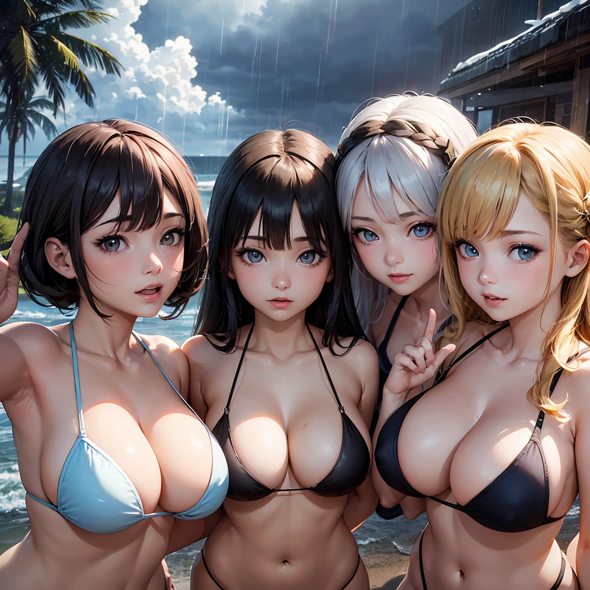 highest quality, Super detailed, (Ultra-high resolution,8K), Ultra-high definition 4K, (Perfect Anatomy, Anatomically correct), (5 cute girls:1.4), (Beautiful Eyes), (Detailed eyes), (High-quality facial beauty), (In the Storm:1.2), (Photorealistic), (Detailed big breasts), Soft Skin, Glowing Skin, Press the breasts together, (Adult bikini), Bright lighting, lined up vertically, Very heavy rain, (5 cute girls:1.4), colorful, Goddess-like beauty, Wave your hands loudly