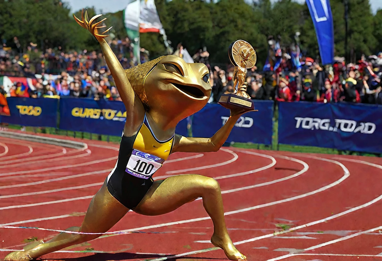 A female sprinter celebrates as she wins first place and is given the (golden toad trophy)