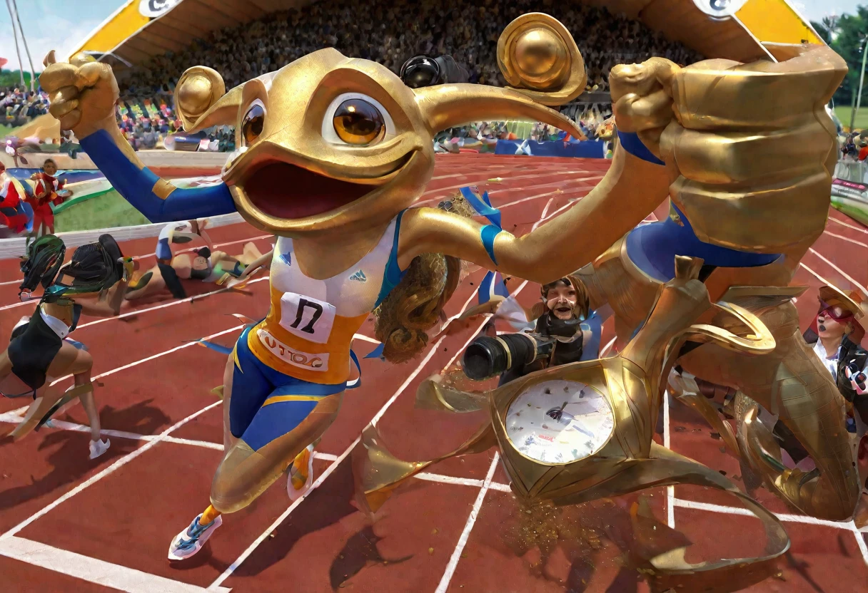 A female sprinter celebrates as she wins first place and is given the (golden toad trophy)