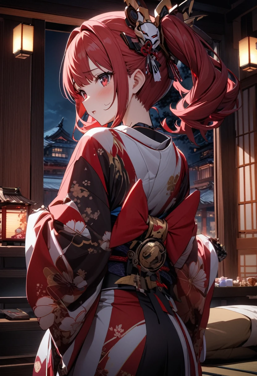 High quality, high definition, hig
h precision images,8k 1 girl、red hair,Twin tails,Red eyes.(robot style red and white pampering face barrette)、cyborg style gorgeous red and white Japanese kimono,Japanese room at night,Figure taking off kimono、You can see the cyborg's mechanism from the neck to the back.The lanterns Light,look behind,back view
fantastic light、The room is dark,Take off only the kimono