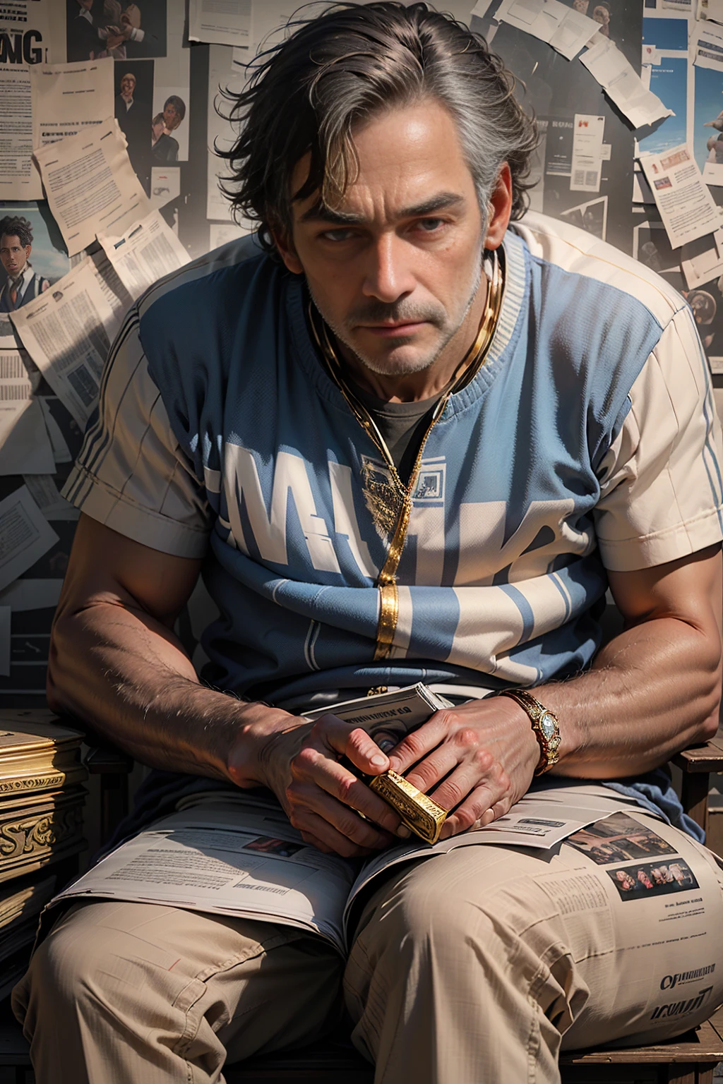(best quality, 4k, 8k, high resolution, masterpiece: 1.2), ultra detailed (realistic, photorealistic, photorealistic: 1.37), close-up of a man, reading a magazine, ((focusing on the magazine cover with a gold trophy in it:1.4)). The magazine is made of glossy paper and the trophy reflects light, creating intriguing lights and shadows. The man's facial features are exceptionally detailed, capturing the wrinkles, pores and stubble on his face. The lighting is carefully set up, illuminating the man's face and adding depth to the scene. The colors are vibrant and vivid, enhancing the overall visual impact.
