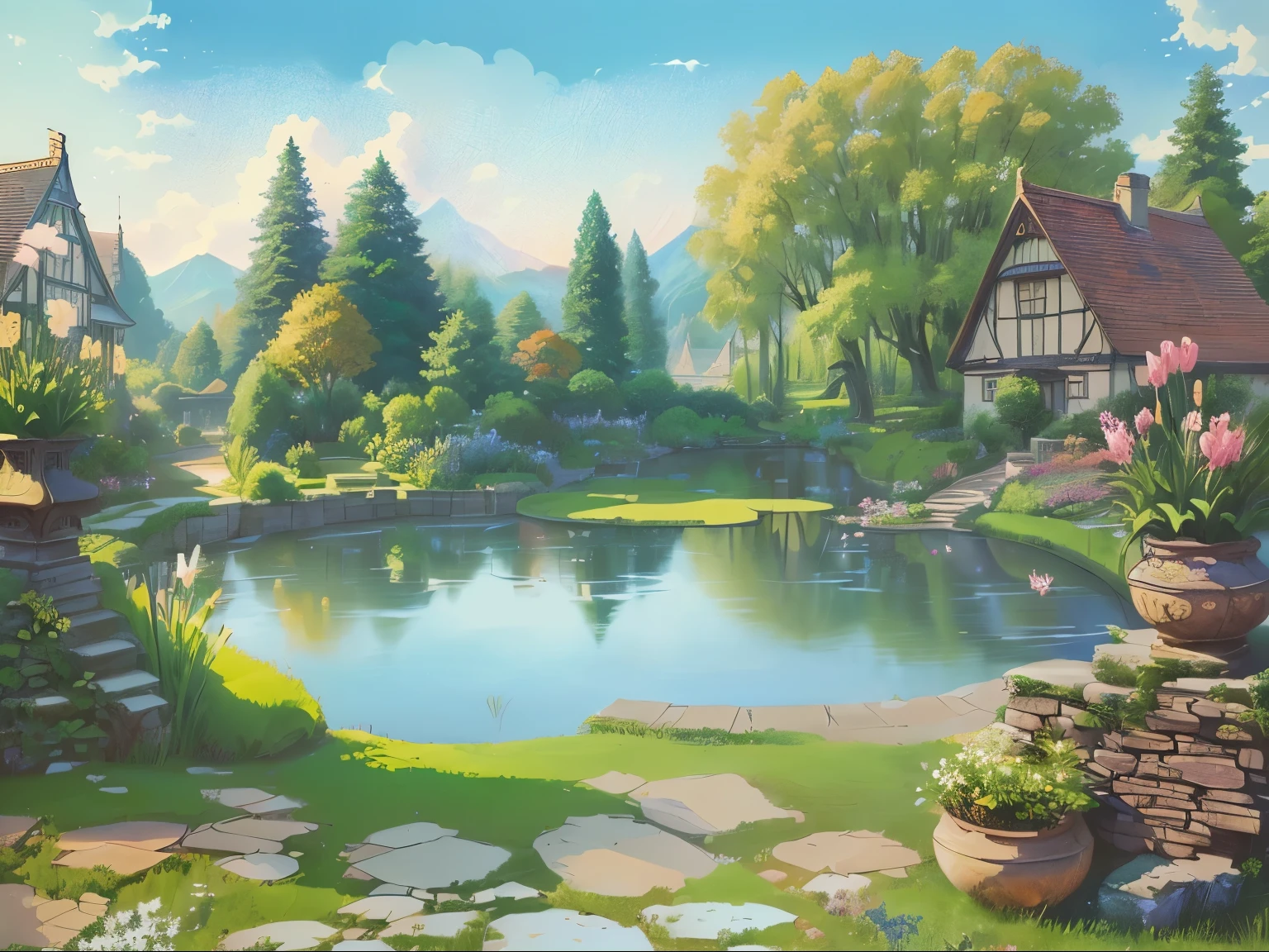 There is a painting，There is a garden in the painting，There is a pond and a house inside, Fairy tale style background, background technologywork, anime rural scenery, background technology, Garden Background, royal Garden Background, Detailed scenery —width 672, A beautiful artistic illustration, pond landscape, garden pond scene, Landscape Art Detail, 2D Game Art Background, environment design illustration, anime background technology