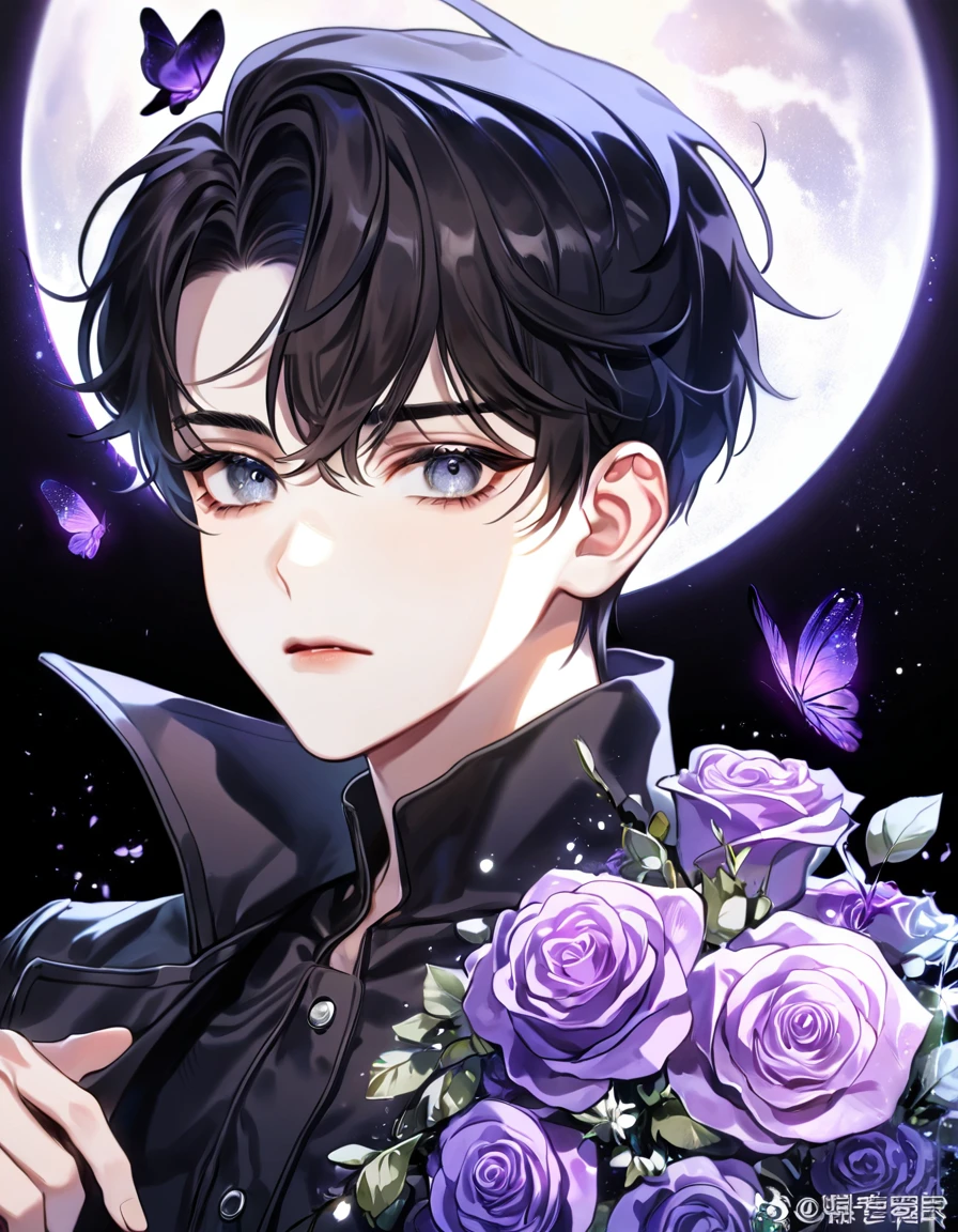 (absurdres, highres, ultra detailed, HDR) master piece, best quality, perfect face, delicate features, Yoo Joonghyuk, black hair, expressive gray eyes, Omniscient reader's viewpoint, little boy, cute, black coat, black shirt, moon, purple flames, purple butterflies, purple roses, starry sky